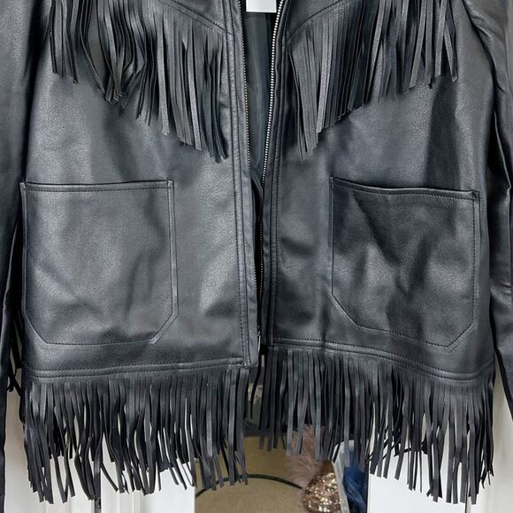 Topshop NWT Black Fringe Faux Leather Jacket Size 8 - Picture 7 of 11